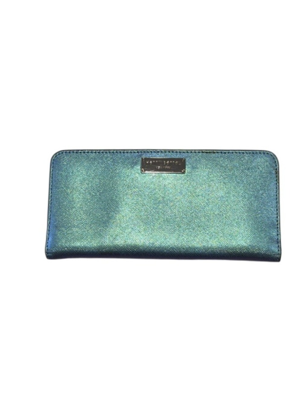 henri bendel iridescent teal zip-around wallet